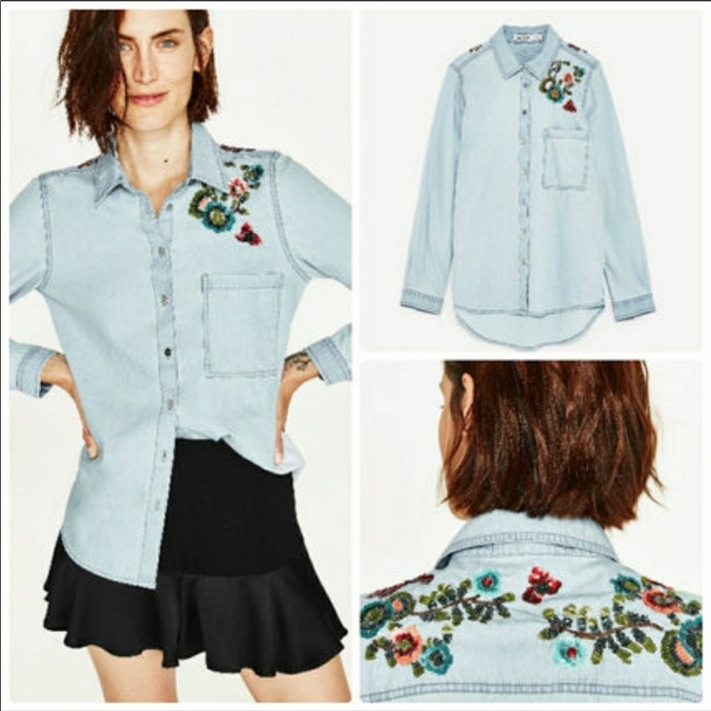Zara embellished Denim button down blouse